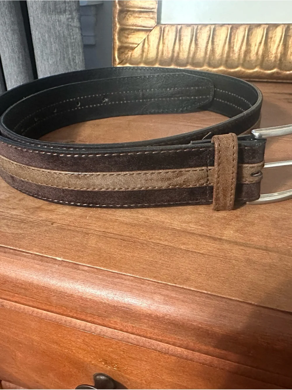 Men's Brown Two-Tone Suede Leather Belt with Silver Buckle